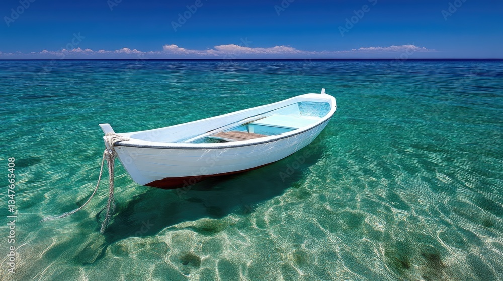 Naklejka premium Tranquil white boat on crystal clear turquoise water