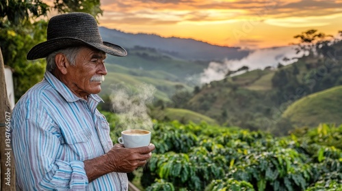 Senior coffee farmer enjoying sunrise over coffee plantation