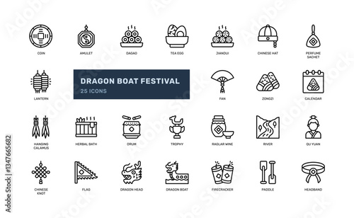 dragon boat festival asian festival decoration  oriental culture outline line icon set