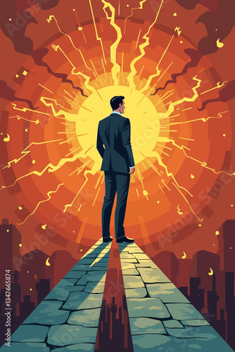Perseverance Through Turmoil: Courageous Businessman Facing Bright Future Despite Crisis, Stands on Stone Path Leading Out of City into Radiant Light, Overcoming Obstacles