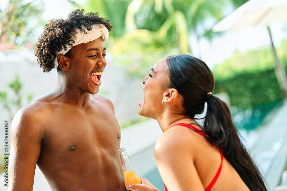 Fototapeta premium woman couple summer man drink fun vacation friendship love embracing romance togetherness romantic dating affectionate beach cocktail party bikini joy