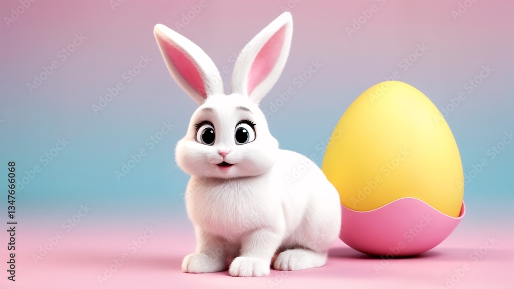 Obraz premium A white rabbit sitting next to a pink and yellow egg.