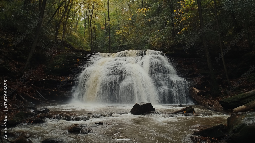 Obraz premium Upper Catawba Falls cascades down moss-covered rocks, its gentle flow creating a serene and picturesque scene within the lush forest. 