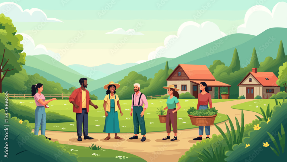 Eco-Friendly Village Community Growing Food Together, Diverse People Sharing Sustainable Lifestyle in Rural Setting, Vector Illustration for Green Living, Farm, and Sustainable Agriculture Eco-Friendly Village Community Growing Food Together, Diverse People Sharing Sustainable Lifestyle in Rural Setting, Vector Illustration for Green Living, Farm, and Sustainable Agriculture