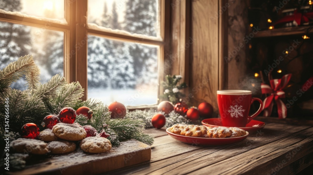 Fototapeta premium Cozy Christmas Window Scene With Cookies And Hot Drink