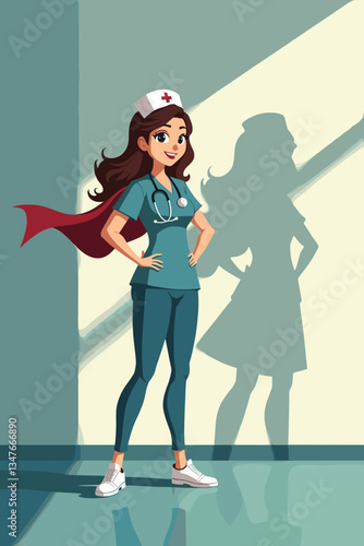 Empowered Nurse Vector Art: Confident Female Healthcare Hero with Red Cape Casting Superhero Shadow in Hospital. Symbol of Strength, Dedication, and Essential Care.