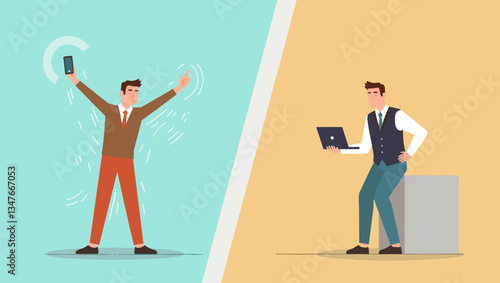 Office Productivity Contrast: Energetic Man with Phone vs. Focused Man with Laptop. Illustrating Work Styles, Efficiency, and Motivation in the Modern Workplace Vector Design.