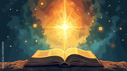 Magical Open Book Vector Graphic: Discover Ancient Knowledge and Timeless Wisdom Emitting Light into the Starry Cosmos, Ideal for Education, Fantasy Storytelling & Spiritual Themes