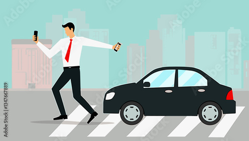 Distracted Pedestrian Safety: Man Using Smartphone While Crossing Zebra Stripe Road and Car Approaching, City Background, Urban Hazard Awareness Illustration Vector Graphic