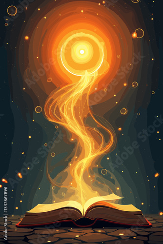 Enchanted Tome: Golden Light Emanating from Open Book. Magic, Knowledge & Storytelling Vector Illustration. Ancient Literature, Fantasy. Book of Spells, Mystical Power.
