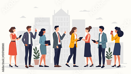 Job Fair Frenzy: Dynamic Crowd of Professionals Networking for Career Opportunities in the City, Vector Illustration of Diverse Applicants Seeking Employment and Growth Potential