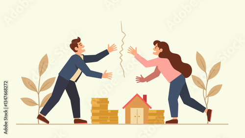 Divorce Asset Division: Stylish Vector Graphic of a Couple Dividing Finances, Home, and Property During Separation or Legal Settlement in Modern Flat Design for Financial Illustration