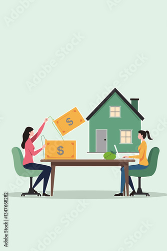 Dividing Marital Assets: Illustrative Vector Graphic of a Divorce Settlement Process with Woman Divvying Money and Property, a Home Represents the Division of Shared Investments