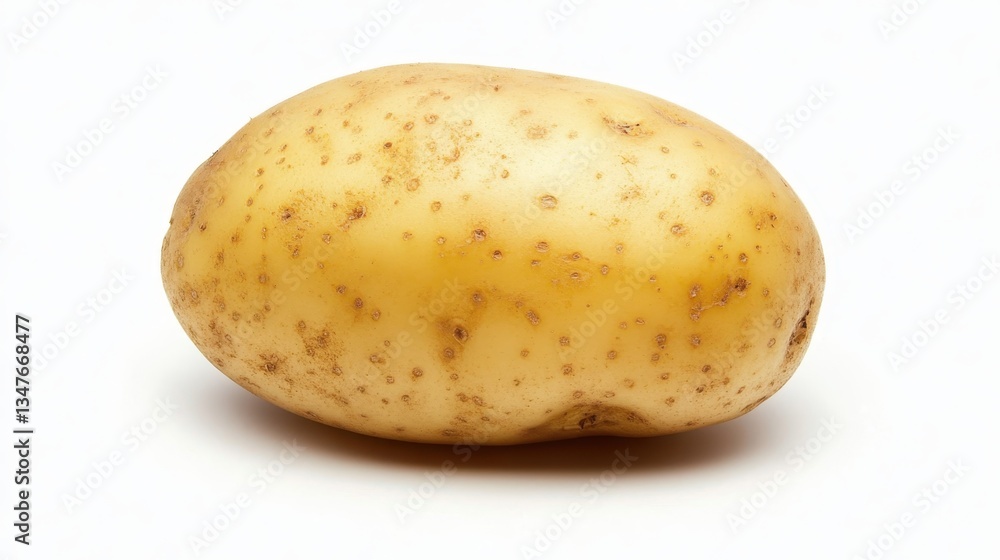 Uncooked potato centered on white background, showcasing rustic surface texture and organic earthy coloration in clean studio environment