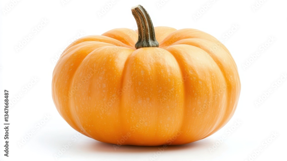 Ripe orange pumpkin featuring textured surface and strong stem resting against crisp white background, representing seasonal autumn harvest Ripe orange pumpkin featuring textured surface and strong stem resting against crisp white background, representing seasonal autumn harvest