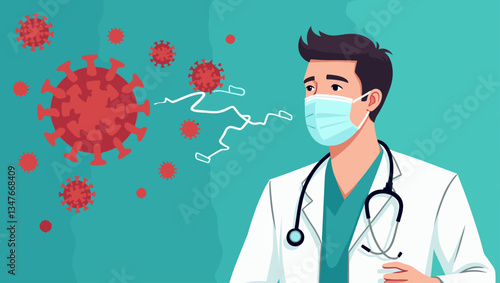 Dedicated Doctor in Mask Confronting Coronavirus: Healthcare Hero Vector Graphic for Medical Campaigns & Covid Awareness on Teal Background - Vector Illustration