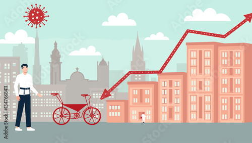 Economic Crisis Caused by Coronavirus Pandemic: Dramatic Rise in Unemployment with Cityscape Background & Man, Tricycle & Covid-19 Virus Vector Illustration.