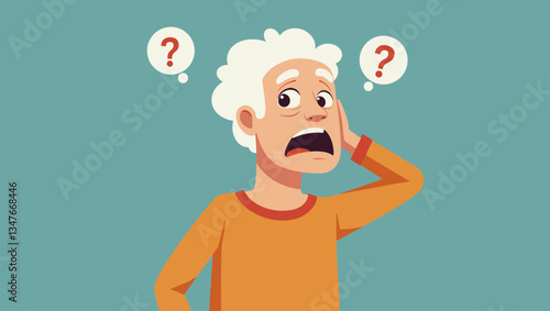 Bewildered Senior Man with Memory Loss: A Vector Illustration of Confusion, Dementia, and Age-Related Cognitive Decline, Featuring Question Marks and a Worried Expression