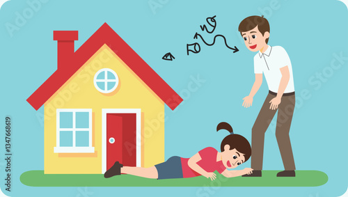 Crushing Mortgage Debt: Cartoon Family Struggling with Finances, Loan Payments, Economic Burden & Financial Stress. Vector Illustration for Budgeting & Realty Concepts