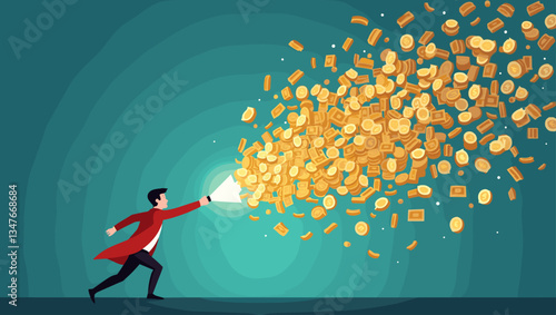 Illuminating Wealth: Man with Flashlight Finding Gold Coins. Financial Discovery, Investment Opportunity, and Fortune. Business Success and Prosperity Concept Illustration
