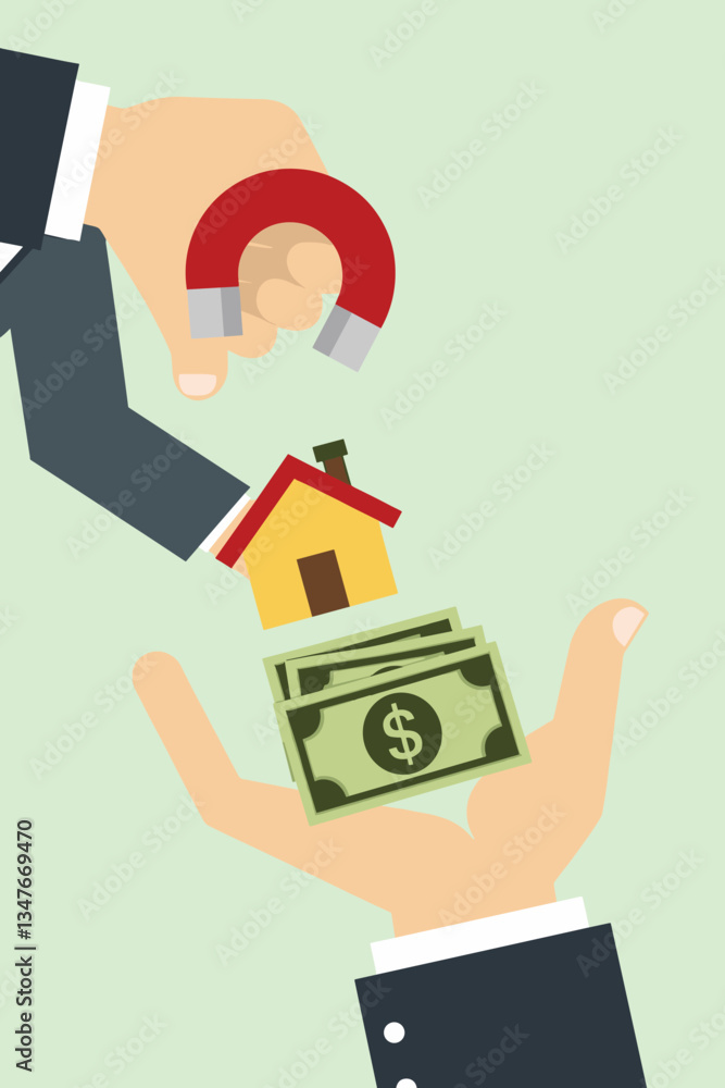 Financial Predation: Sleek Vector Graphic Illustrates Corporate Greed Magnetically Attracting Money and Family Home Assets, Investment Risk Concept Depicted Financial Predation: Sleek Vector Graphic Illustrates Corporate Greed Magnetically Attracting Money and Family Home Assets, Investment Risk Concept Depicted