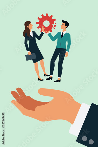 Empowering Business Partnership: Giant Helping Hand Elevates Collaborating Professionals with Gears, Fostering Innovation, Support, and Stronger Corporate Synergy.