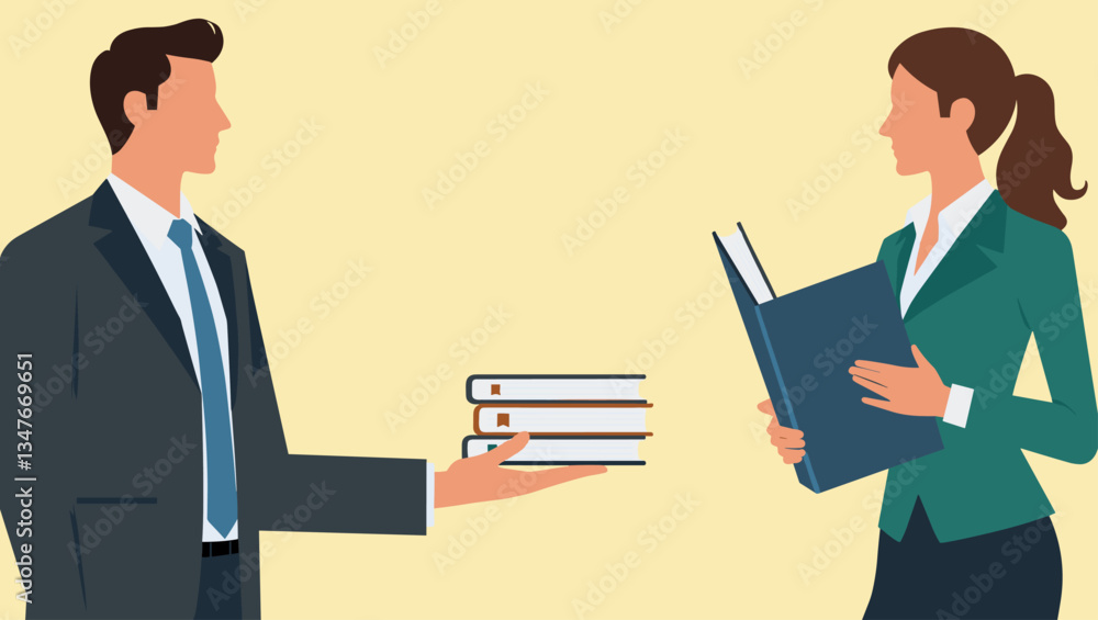 Knowledge Transfer: Businessman Handing Books to Businesswoman for Learning, Education, and Skill Development in a Corporate Setting, Vector Illustration. Knowledge Transfer: Businessman Handing Books to Businesswoman for Learning, Education, and Skill Development in a Corporate Setting, Vector Illustration.