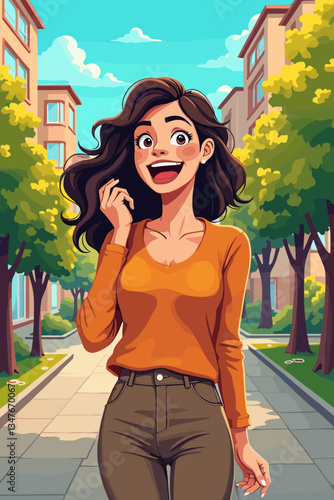 Vibrant Vector Illustration of a Joyful Woman Walking in Sunny Urban Park: Perfect for Lifestyle and City Scapes Designs with Trees, Buildings and Blue Skies.