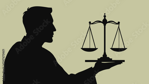 Silhouette of Lawyer Holding Scales of Justice, Vector Illustration: Symbol of Law, Legal, Equality, Fairness, Impartiality, Ethics, Integrity, and Due Process.