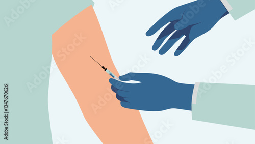 Vaccination Injection: Vector Graphic of Healthcare Worker Administering Vaccine with Syringe in Arm, Illustrating Immunity, Protection, and Preventative Medicine - Ideal for Health Campaigns