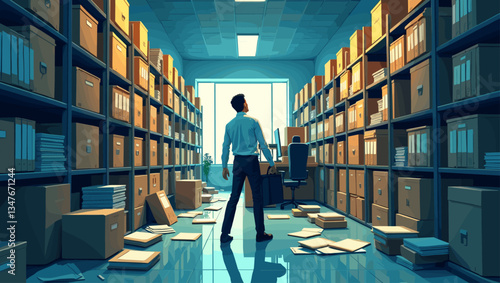 Frustrated Employee Lost in Chaotic Office Archive: Overwhelmed Man Searches Through Disorganized Records Room with Messy Files and Stacks of Boxes, Document Management, Paperwork Overload