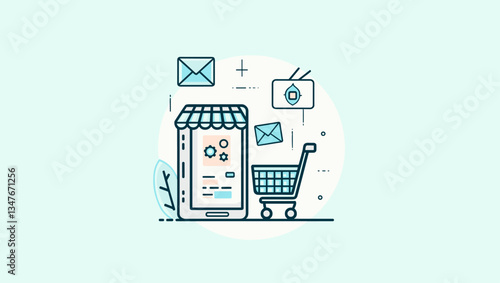 Sleek Online Shopping Experience: Minimalist Vector Icon for Mobile Commerce, Order Delivery & Digital Retail on Smartphone with Shopping Cart & Email Notifications