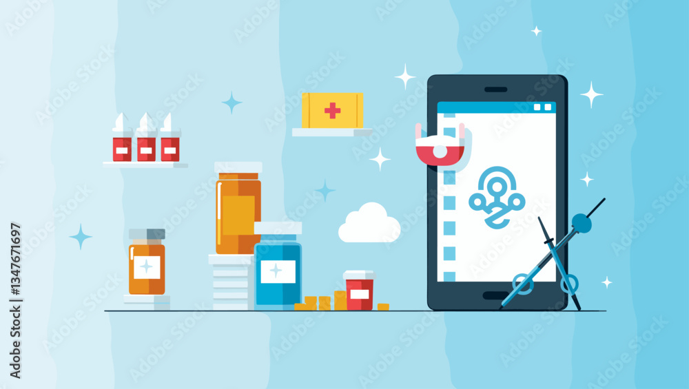 Obraz premium Digital Pharmacy: Mobile App for Ordering Prescription Medication & Health Supplies - Vector Illustration of Modern Telemedicine Service with Pills, First Aid Kit