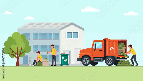 Vivid Vector Illustration: Community Recycling Program with Residents Sorting Waste & Truck Delivering to Recycling Plant - Sustainable Waste Management Concept