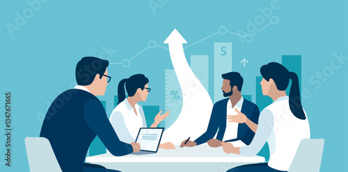 Growth. Business team discuss at table in front of  arrow pointing up and business graph. Business vector illustration.
