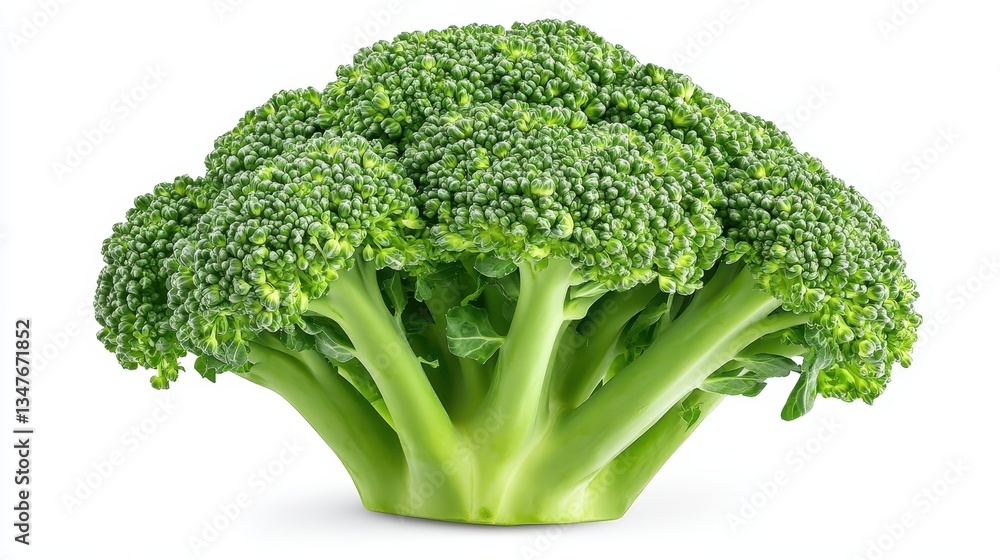 Vibrant green broccoli floret, showcasing its textured surface and thick stalk, isolated against a clean white backdrop, perfect for health and nutrition concepts Vibrant green broccoli floret, showcasing its textured surface and thick stalk, isolated against a clean white backdrop, perfect for health and nutrition concepts