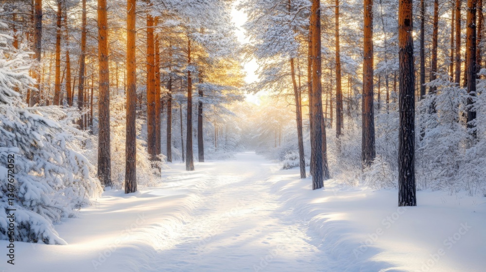 Sunlit Path Through A Snow Covered Pine Forest Sunlit Path Through A Snow Covered Pine Forest