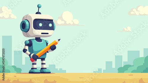 Friendly Robot Tutor with Pencil in Cityscape, Technology-Enhanced Education for Children, Engaging Learning Assistant, AI Teaching Concept, Future of Education