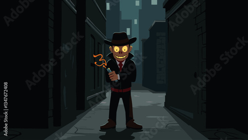 Cartoonish Gangster in Dark Alley Lighting Fuse with Torch, Menacing Vector Character in Shadowy Urban Scene, Conspiracy Illustration, Crime Scene Graphic Design Element