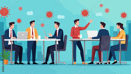 Business Professionals Navigating Remote Work Challenges During Pandemic, Illustrating Social Distancing and Virtual Collaboration in a Contemporary Office Setting
