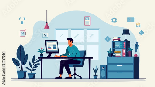 Focused Software Developer Coding at Desk in Modern Office, Problem Solving, Productivity, Vector Illustration for Website, App, Banner, Marketing Materials