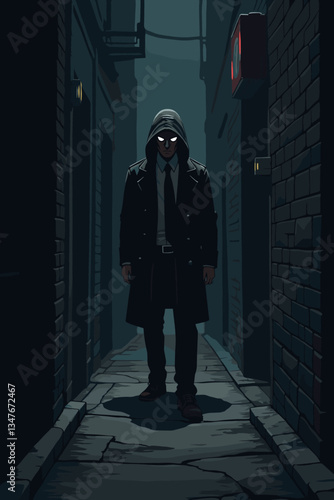 Shadowy Figure in Dark Alleyway: Mysterious Man in Hooded Coat with Glowing Eyes, Suspenseful Encounter Vector Illustration, Crime Scene, Urban Noir Aesthetic