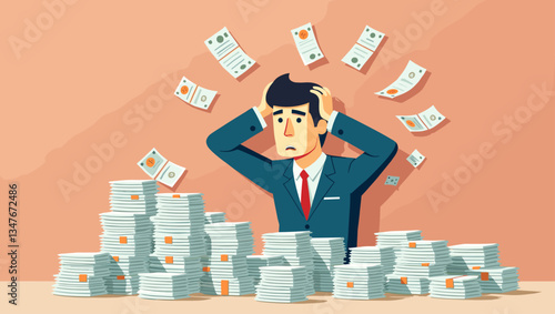 Overwhelmed Businessman Vector: Drowning in Debt, Taxes & Financial Stress. Stacks of Unpaid Bills, Financial Crisis, Deadline Pressure. Cartoon Character, Flat Design.