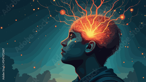 Introspective Man with Blooming Mind: Vivid Vector Graphic Depicting Inner Growth, Creativity, and Psychological Depth Against a Starry Night Backdrop
