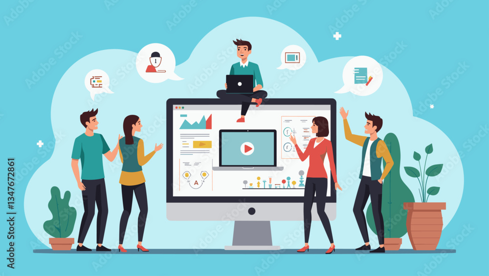 Vibrant Online Education Vector: Students Learning with Interactive Video Courses & Tutorials, Modern Digital Education, Group Study, E-learning Platform Vibrant Online Education Vector: Students Learning with Interactive Video Courses & Tutorials, Modern Digital Education, Group Study, E-learning Platform