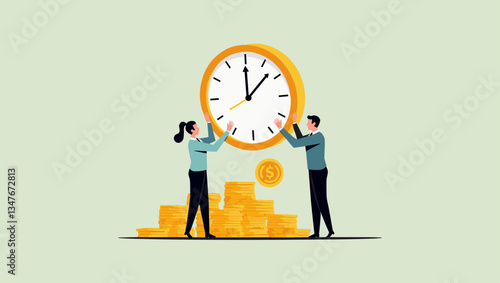 Time Management & Profitability Vector: Business People Convert Time into Gold. Effective Strategy, Productivity, Efficiency Concept. Clock, Money, Investment Illustration