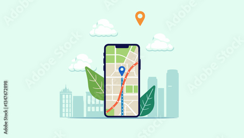 Modern Mobile GPS Navigation App Vector Illustration: Route Guidance, Live Tracking, Real-Time Location on Smartphone with Map, Cityscape, and Foliage Accents - Perfect for Tech Designs