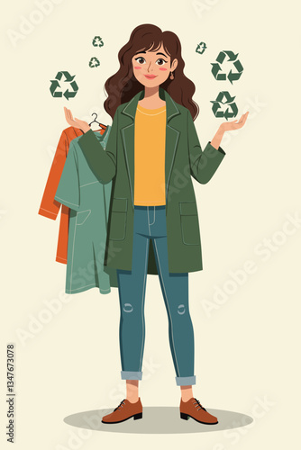 Trendy Woman Promoting Sustainable Fashion Choices and Clothing Recycling Initiative. Modern Design for Eco-Conscious Apparel.  Circular Economy, Fashion Industry Revolution