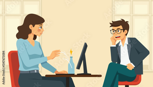 Office Misconduct: Anxious Businessman Receiving Cold Shoulder from Female Colleague, Unwanted Attention, Subtle Harassment, Power Imbalance, Workplace Dynamics Vector