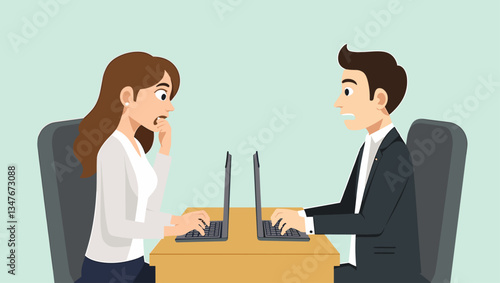 Shocked Woman Reacting to Inappropriate Behavior by a Male Colleague at Work. Illustration Depicting Harassment, Discrimination, and Unprofessional Conduct in the Workplace Environment